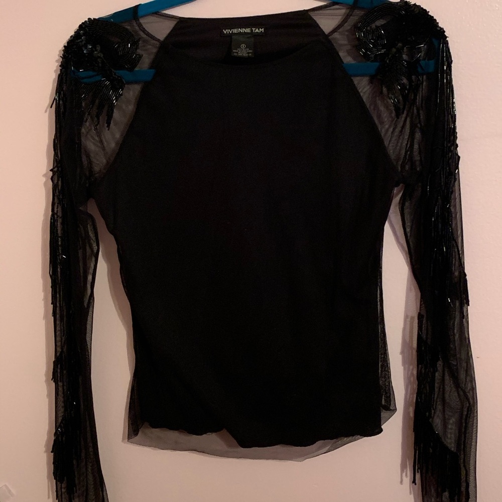 Beaded mesh long sleeve top